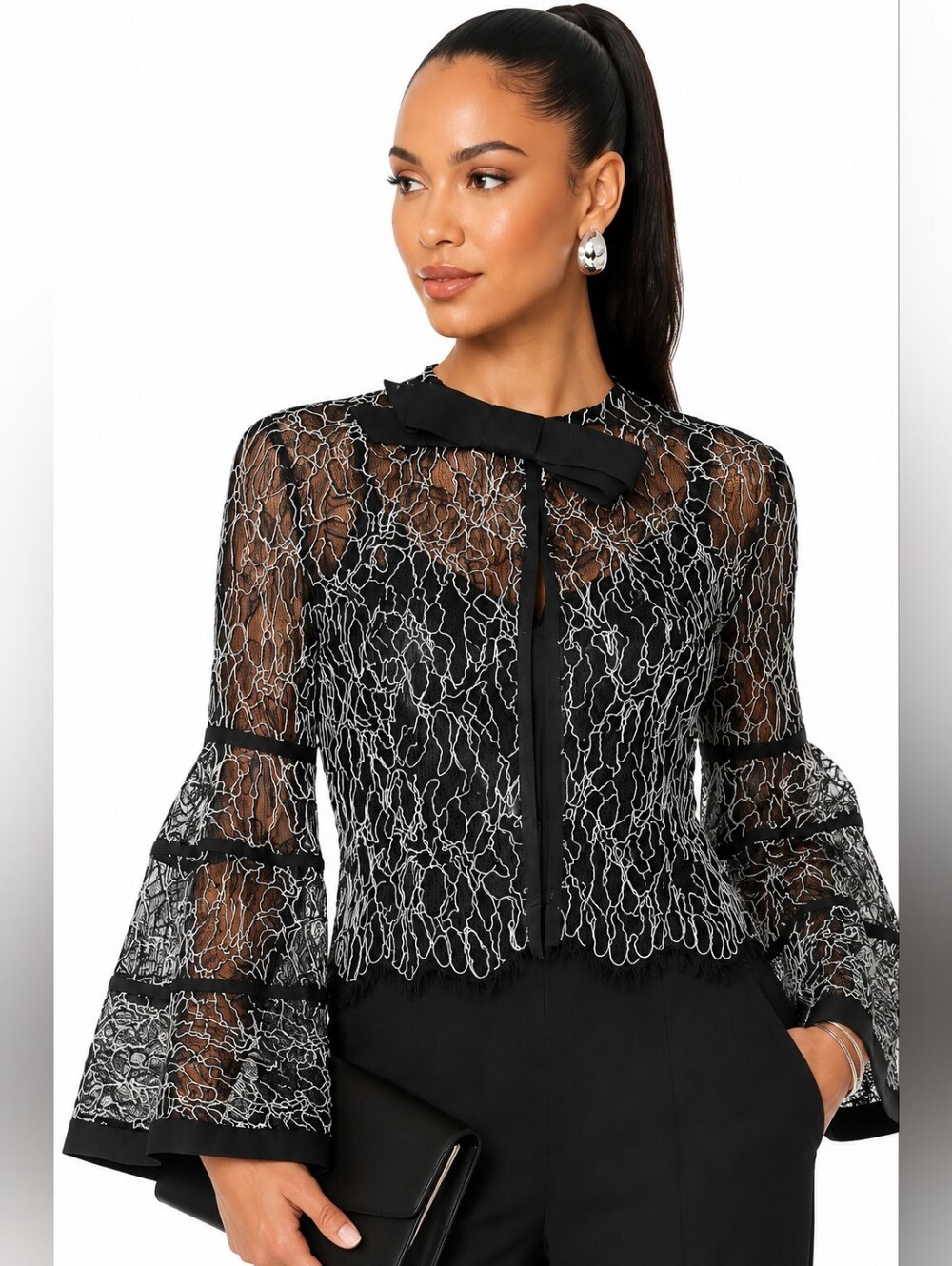 Alexis Lace Overlay Top Womens L Black White Embroidered Bell Sleeve Sheer Bow